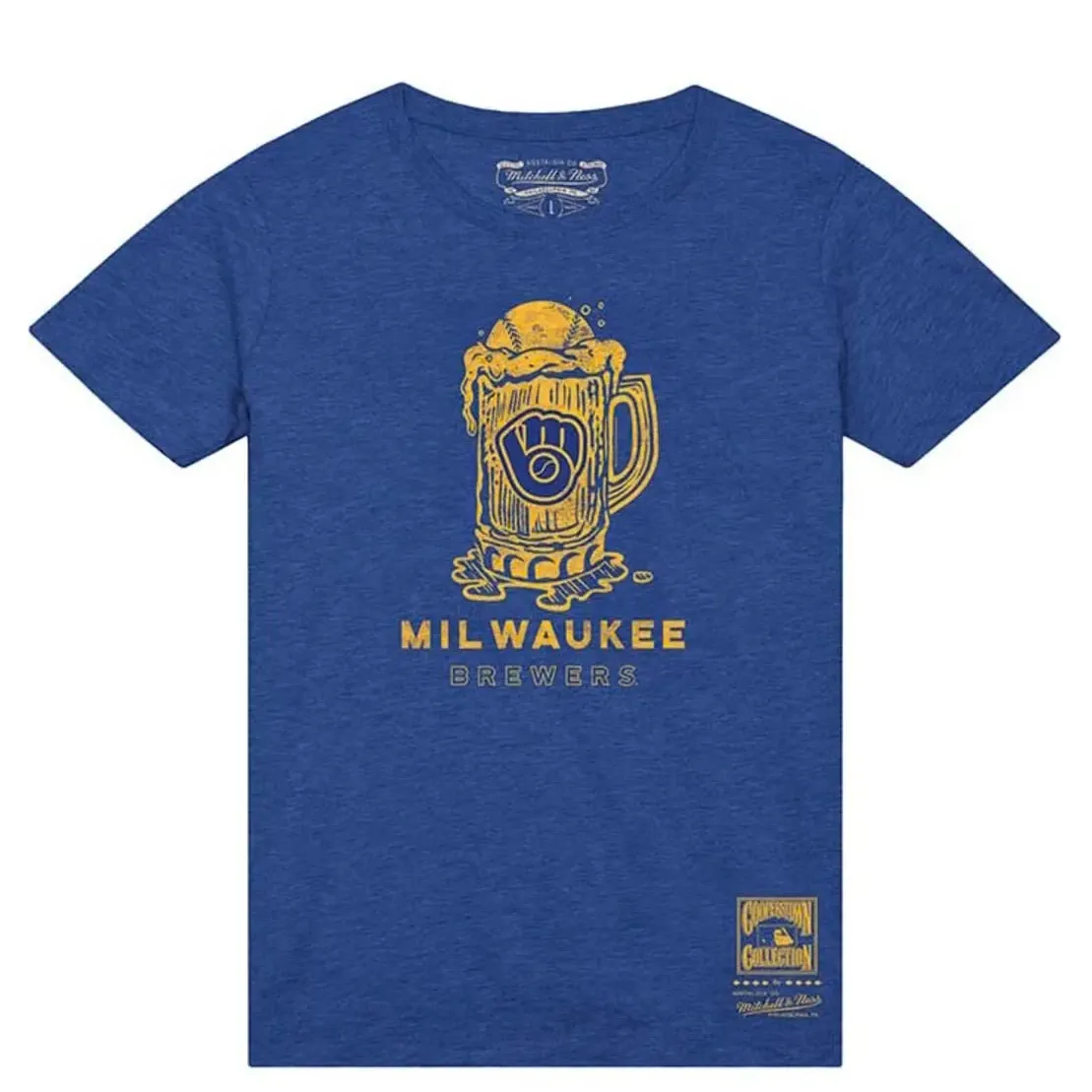 Front view of Royal Heather Mitchell &amp; Ness Brewers Cold One tee with a gold beer mug, baseball and glove logo graphic.