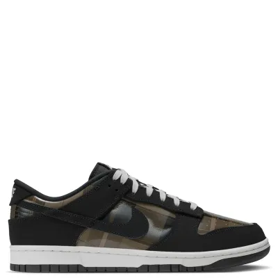 Nike Dunk Low Retro opposite side view showing a black Swoosh over glossy plaid and a black outsole.