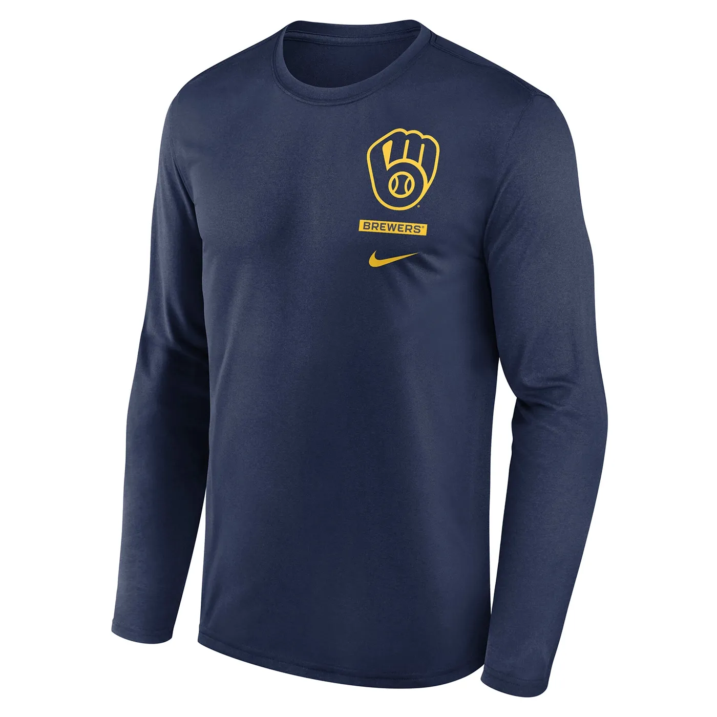 Nike Milwaukee Brewers Team Stack navy long sleeve tee front with gold ball-in-glove logo, wordmark and Swoosh.