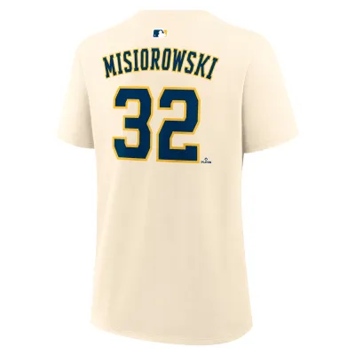 Nike Brewers women's Jacob Misiorowski cream tee back with navy-and-gold Misiorowski name and number 32.