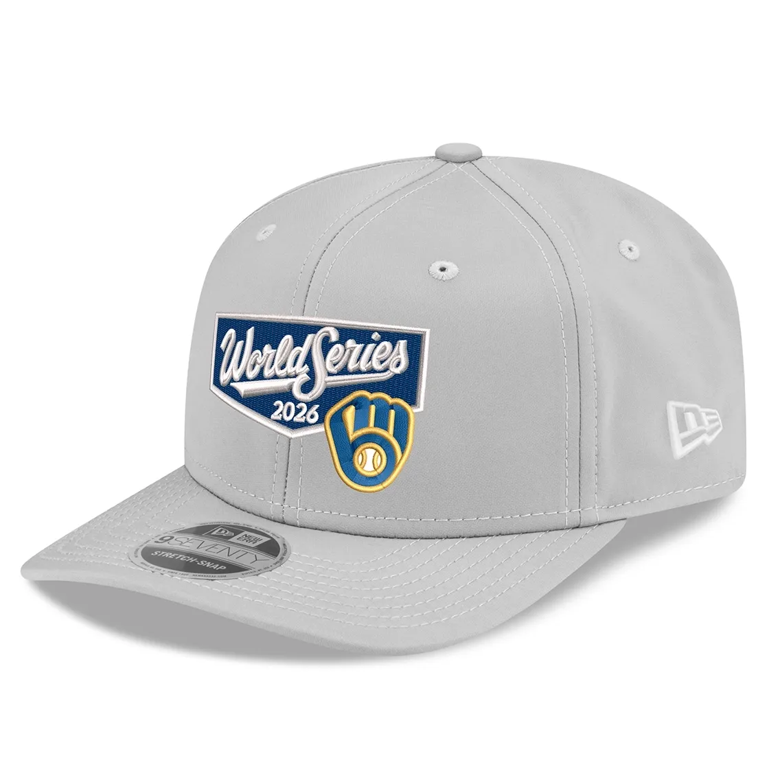 New Era Brewers World Series 9SEVENTY grey hat angled view with embroidered 2026 graphics and a white New Era flag.
