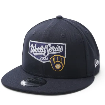 New Era Brewers World Series 9FIFTY navy snapback angled view with embroidered 2026 graphics and team logo.