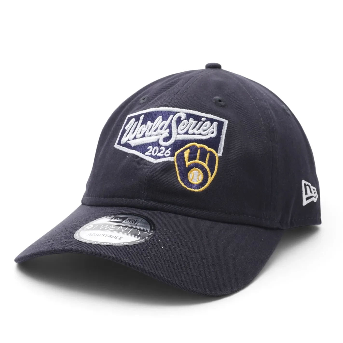 New Era Brewers World Series 9TWENTY navy hat angled view with embroidered 2026 graphics and Brewers glove logo.
