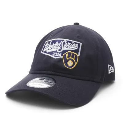 New Era Brewers World Series 9TWENTY navy hat angled view with embroidered 2026 graphics and Brewers glove logo.
