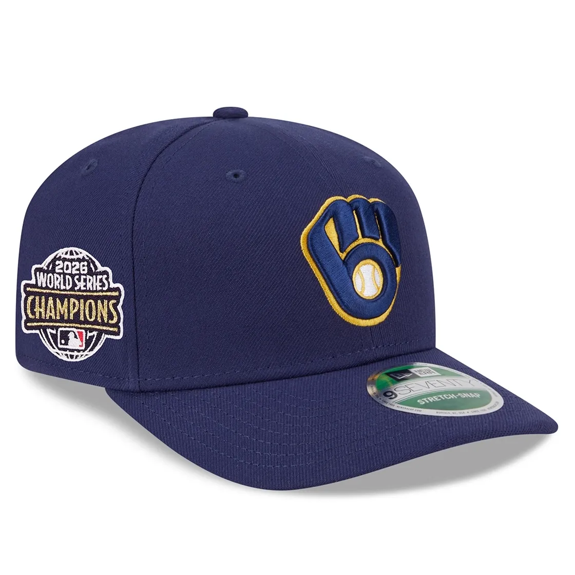 New Era Brewers 9SEVENTY navy snapback angled view with raised team logo and 2026 World Series Champions patch.