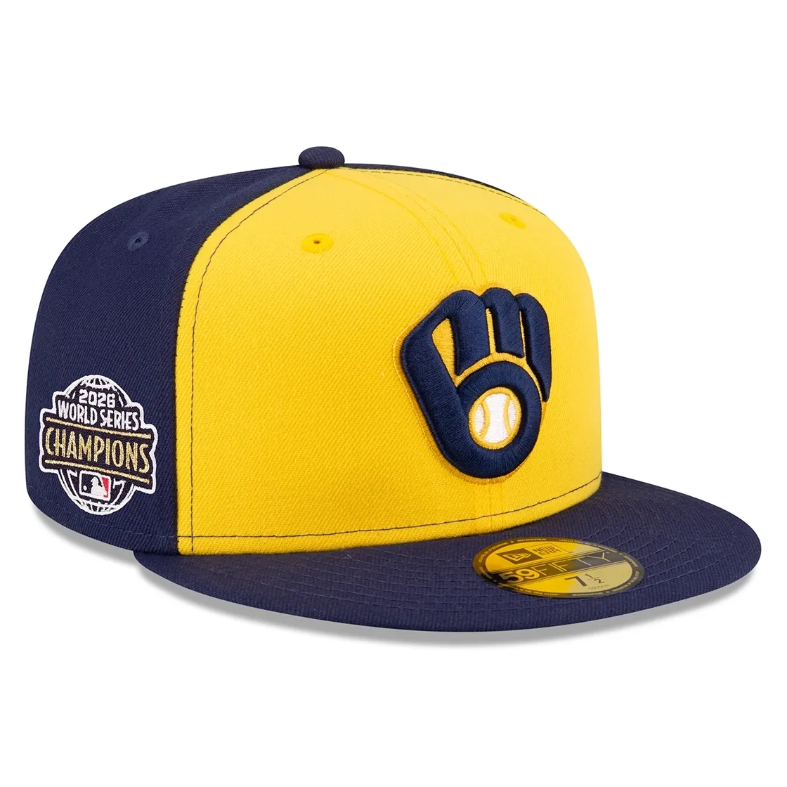 New Era Brewers 59FIFTY navy-and-gold fitted hat angled view with the 2026 World Series Champions side patch.