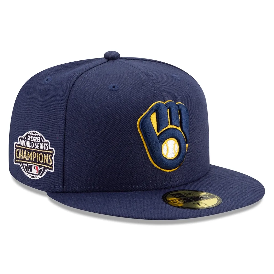 New Era Brewers navy 59FIFTY fitted hat angled view with raised glove logo and 2026 World Series Champions patch.
