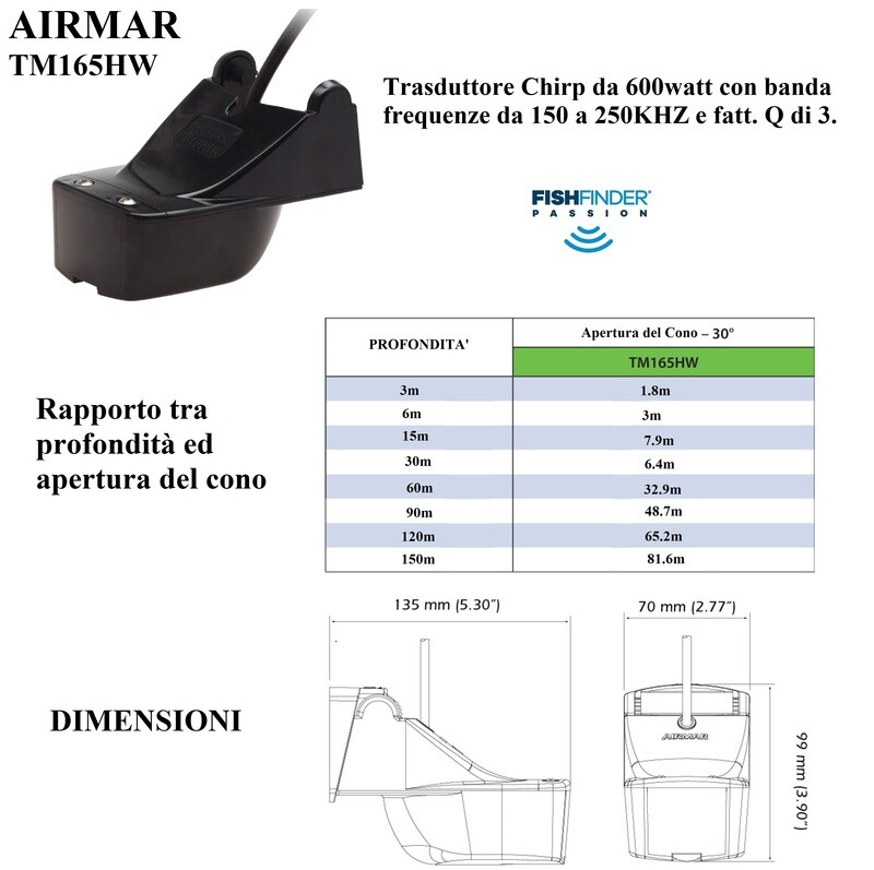 Trasduttore Chirp Airmar TM165 HW - 600 watt - 30° - COMPLETO DI CAVO XSONIC