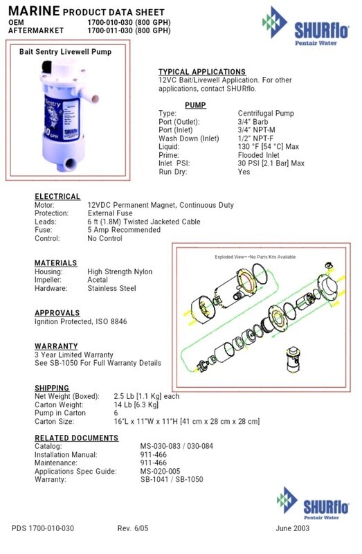 Pompa per Vasca del Vivo Shurflo Bait Sentry 1100gph -4163litri/ora