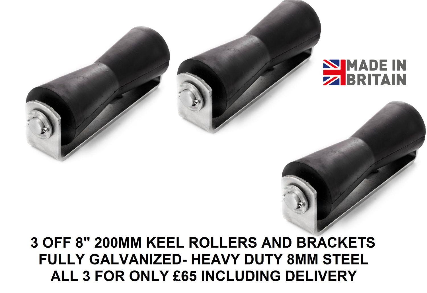 Boat Trailer Keel Rollers Large 200mm 8" Galvanized Set Of 3.