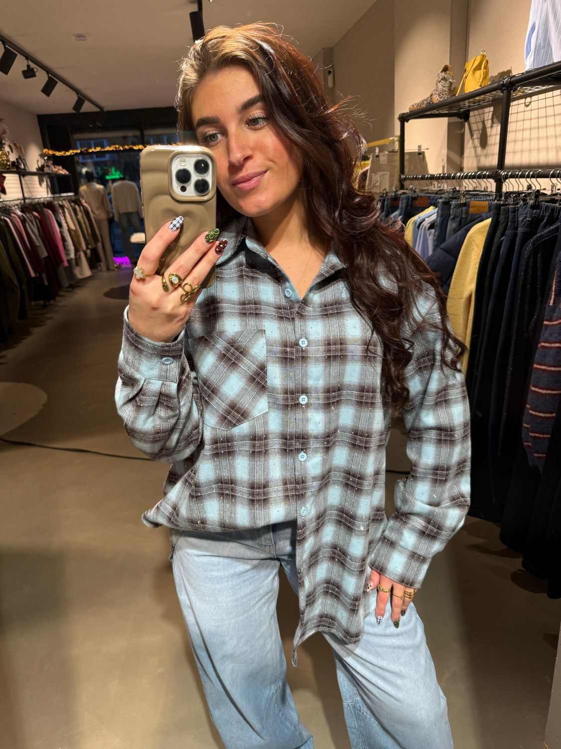 Beth blouse brown/blue met strassteentjes