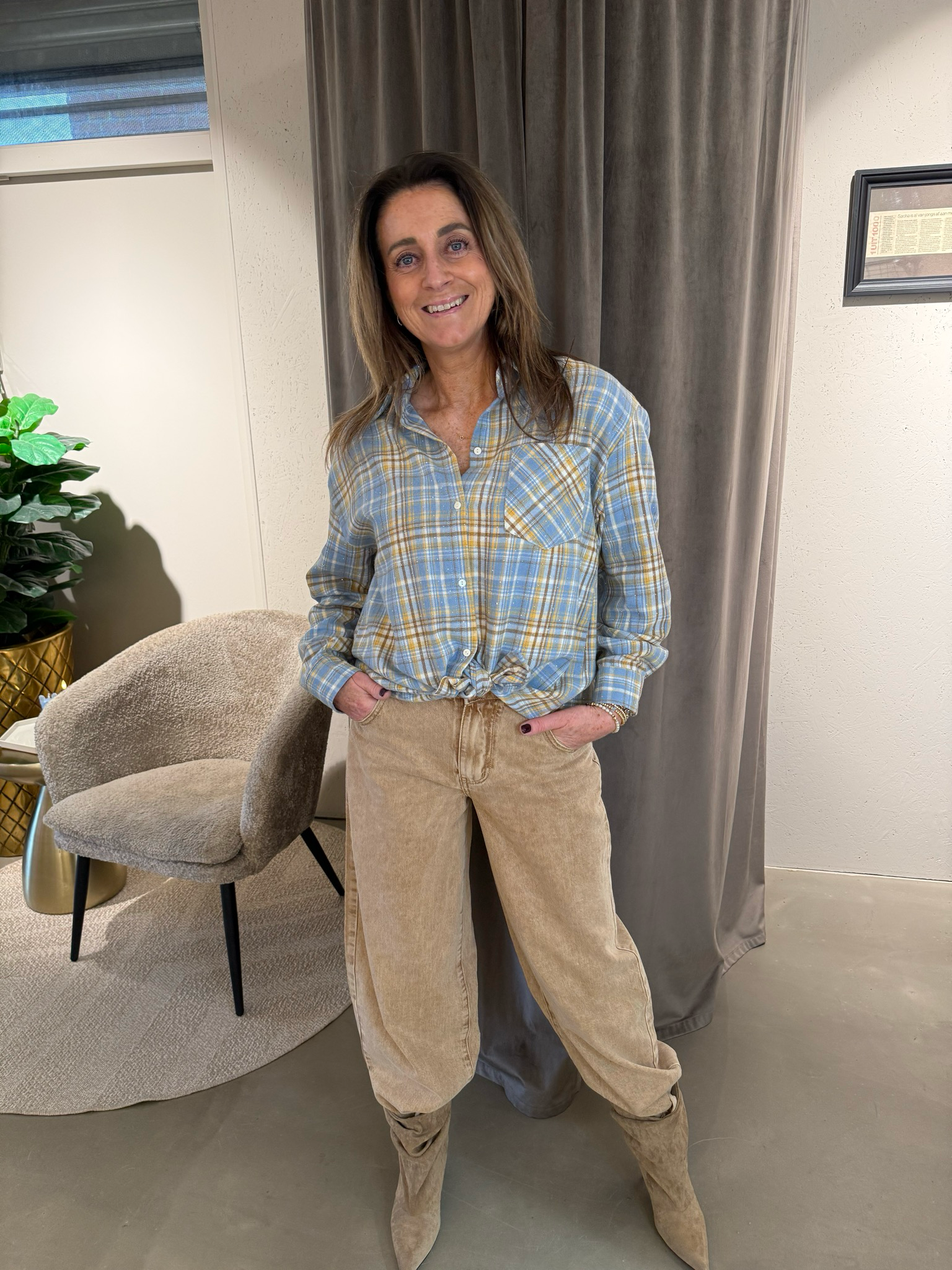 Ruby blouse in blue & butter yellow met strassteentjes