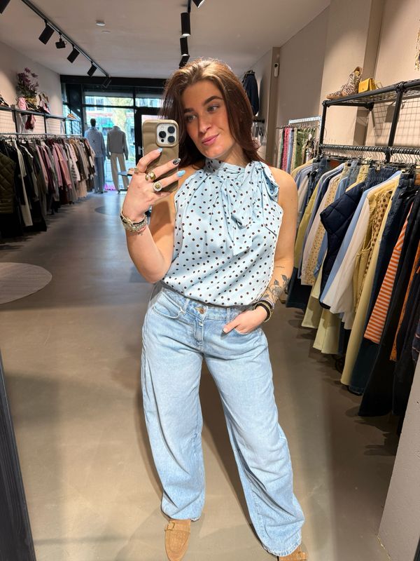 Liv A-lijn blouse polka dot baby blue & brown