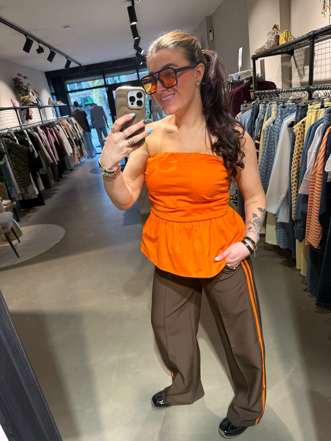 Juul pants brown side stripe orange