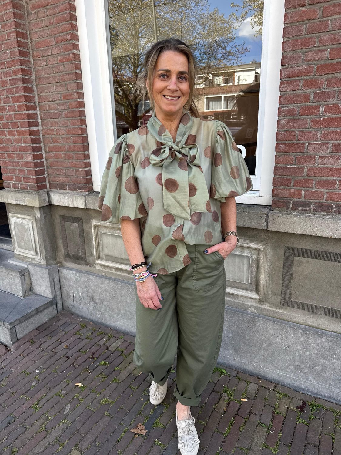 Emilie blouse army green & brown polka dots