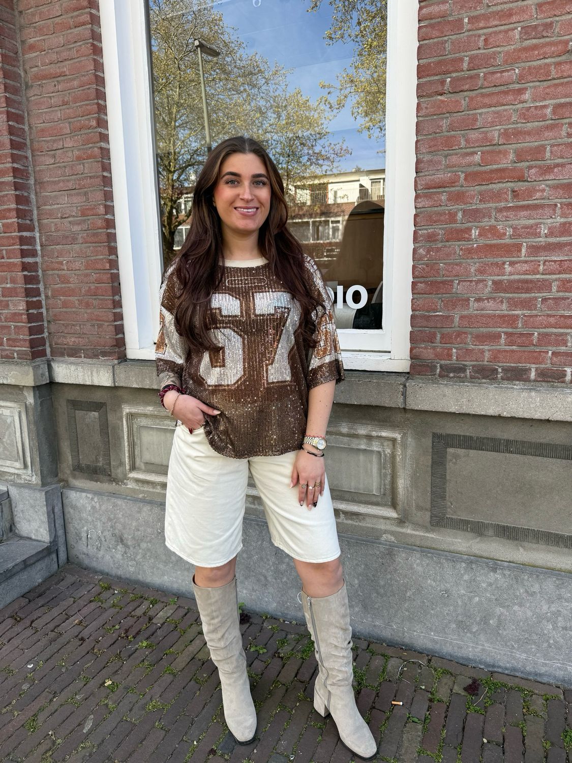 Elena pailletten top brown/silver