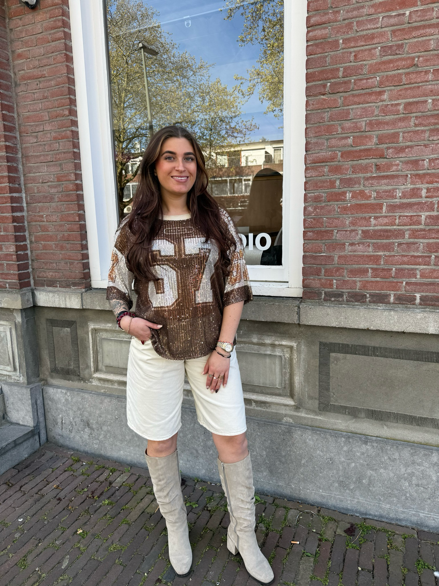 Elena baseball pailletten top brown/silver