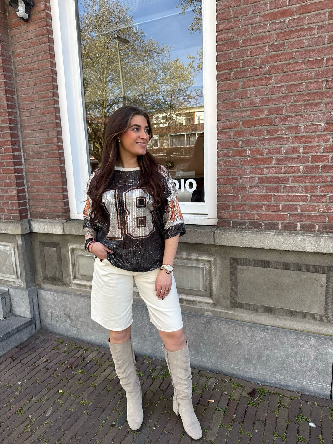 Elena baseball pailletten top orange/black