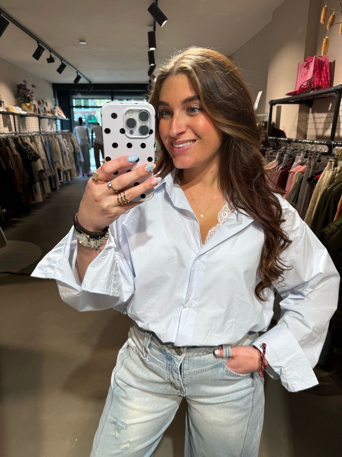 Elly blouse cropped met lace top baby blue