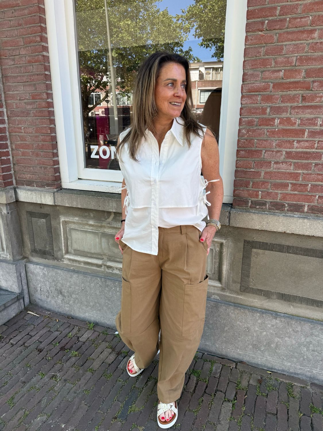 Evelyn wide leg pants kaki/cognac
