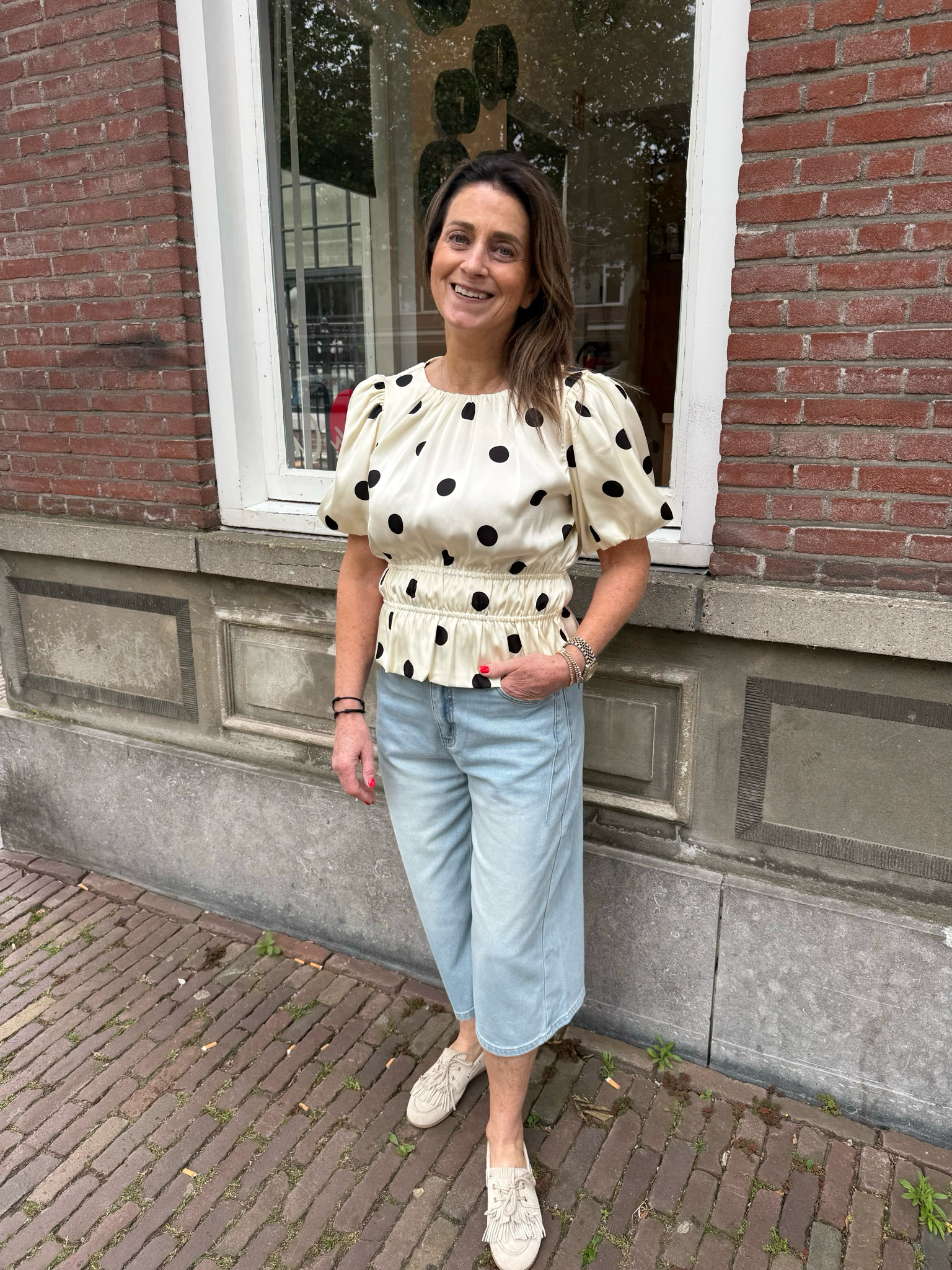 Zoya polka dot blouse met pofmouw beige/bruin