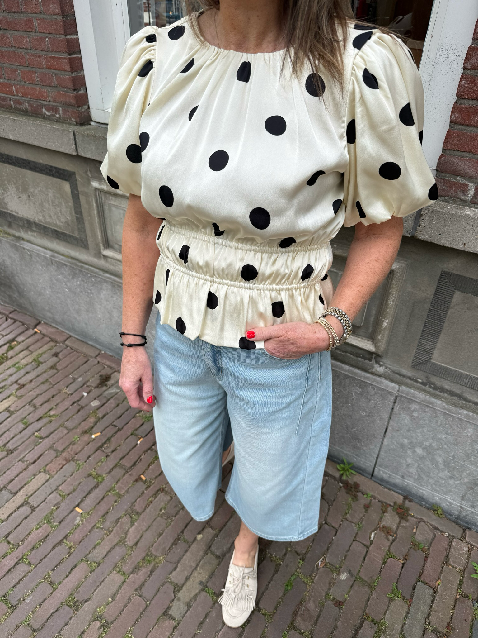 Zoya polka dot blouse met pofmouw beige/bruin