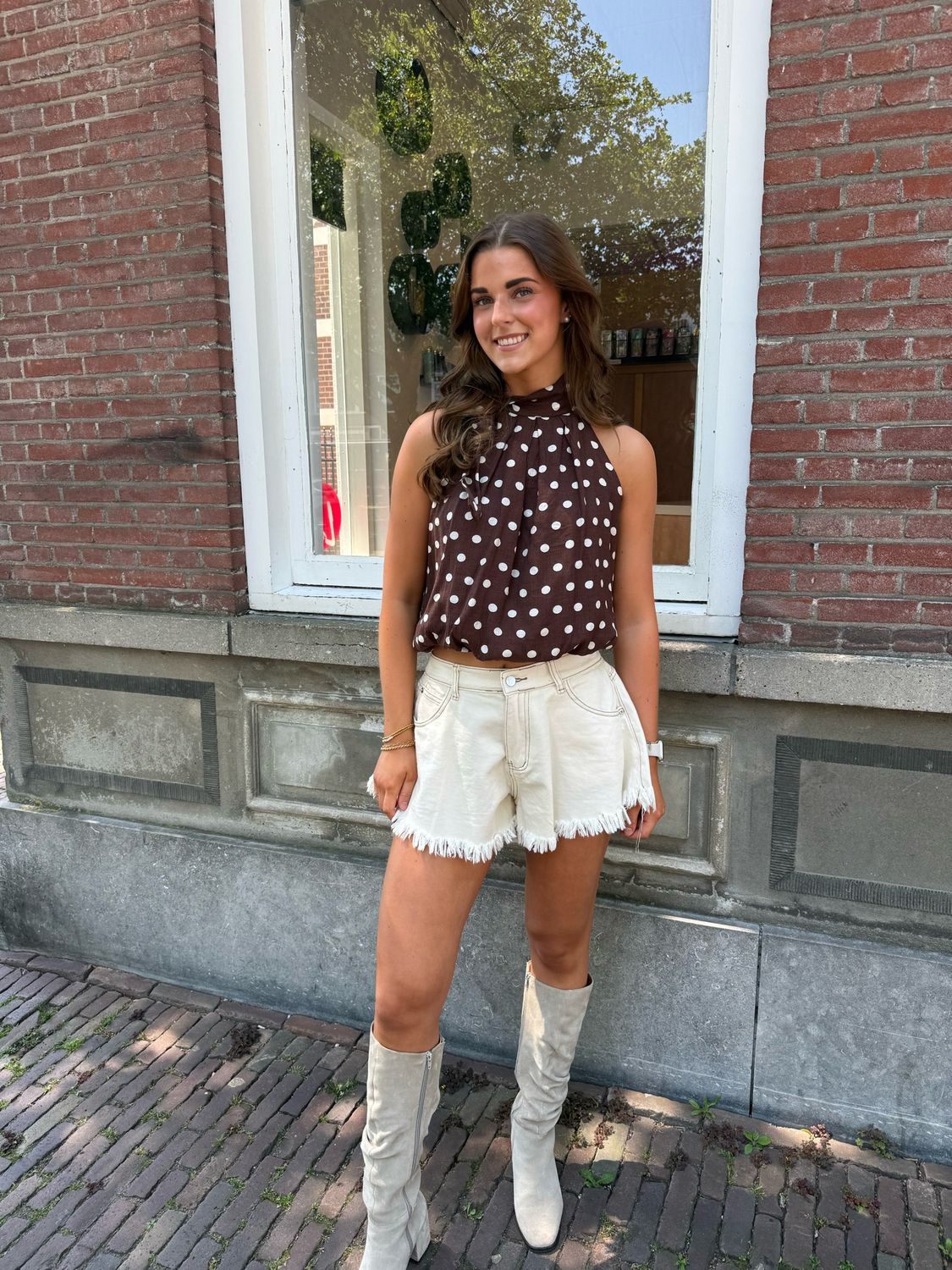 Livia A-lijn blouse polka dot brown/white Livia A-lijn blouse polka dot brown/white