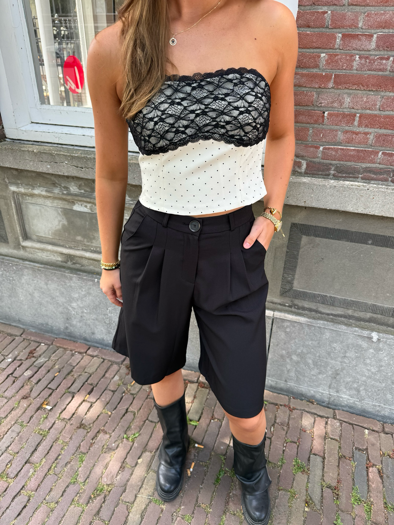 Hunter lace bandeau top polka dot off-white black
