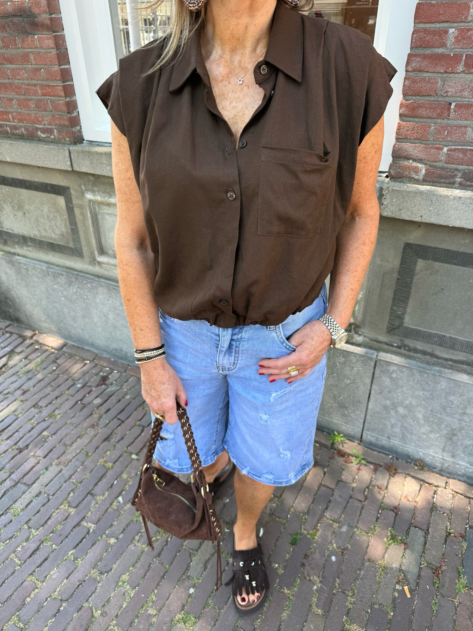 Almira linnen balloon blouse bruin
