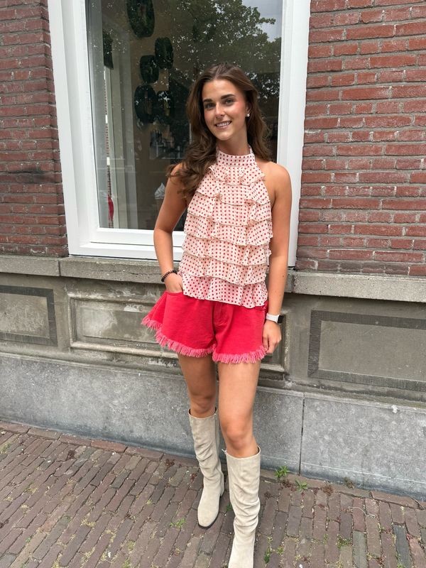 Bloem rouchel A-lijn blouse polka dot off-white red