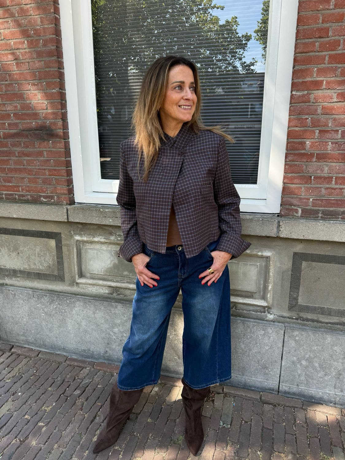 Juno korte ruitjes blazer blue/brown Juno korte ruitjes blazer blue/brown