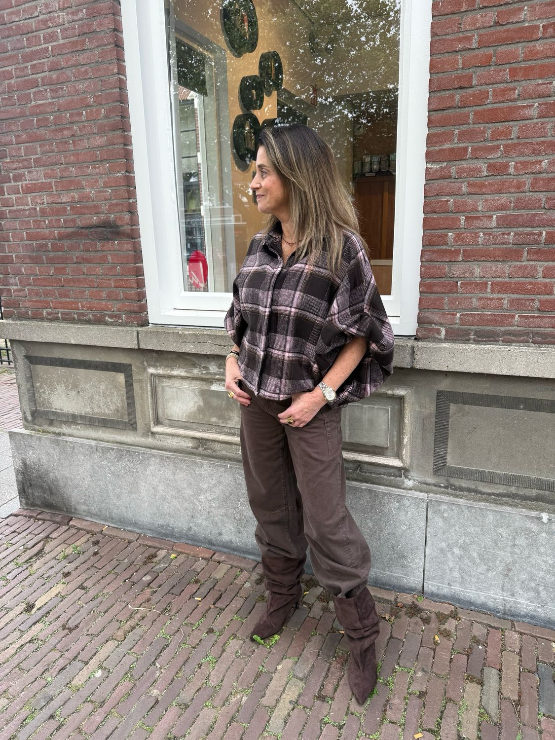 Ayden jacket/blouse brown pink geruit Ayden jacket/blouse brown pink geruit