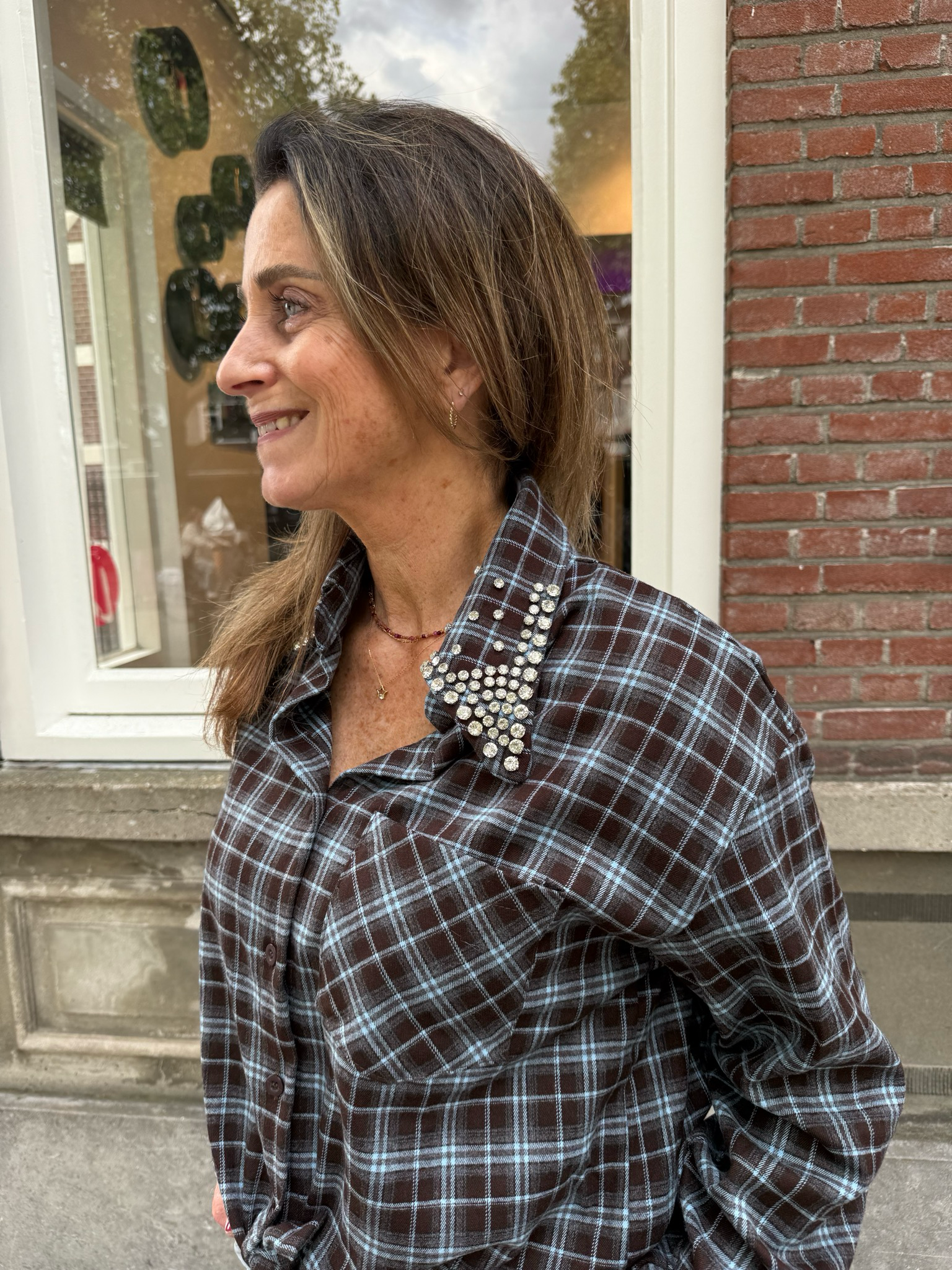 Jace geruite blouse blue brown
