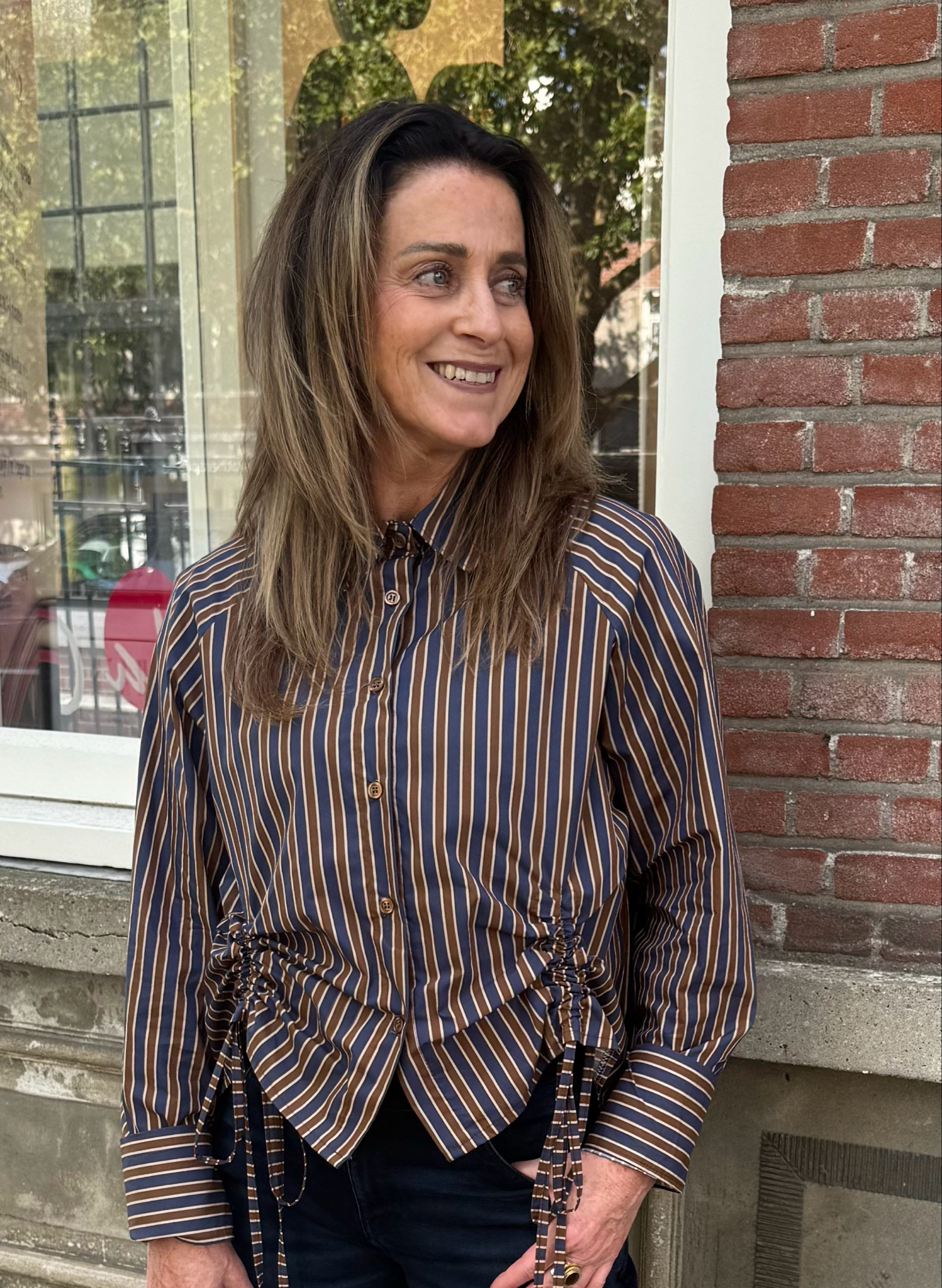AMBIKA Lotti gestreepte blouse blue cognac off white