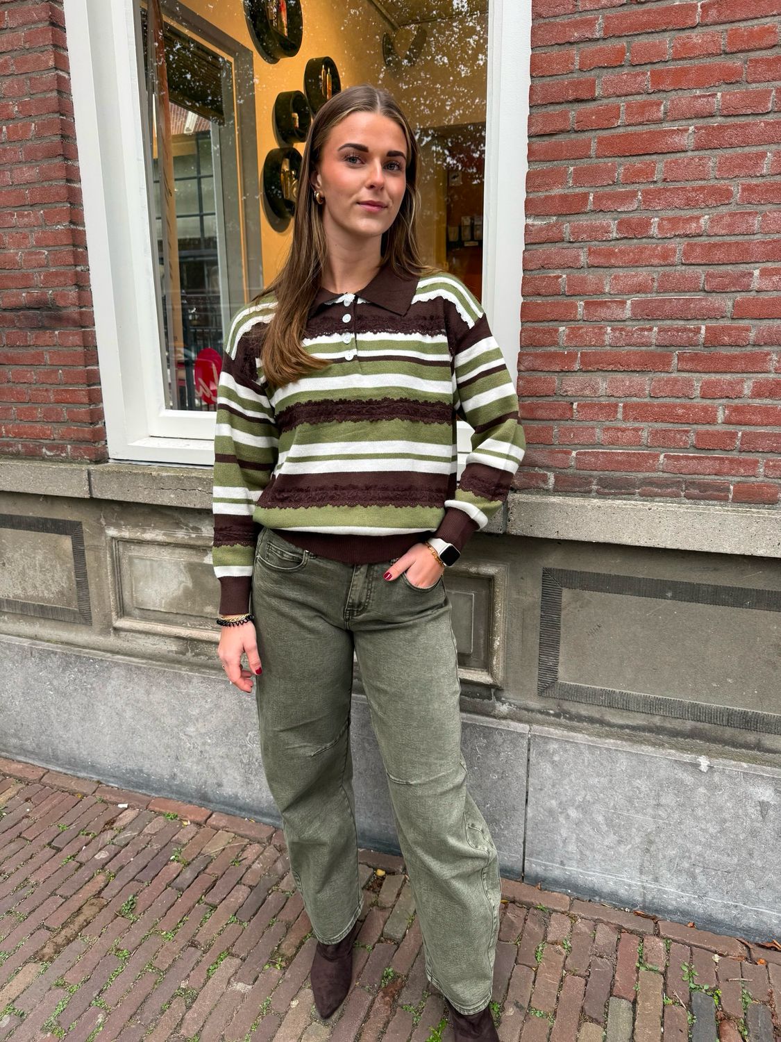 Janna streeptrui knit army green brown off white Janna streeptrui knit army green brown off white