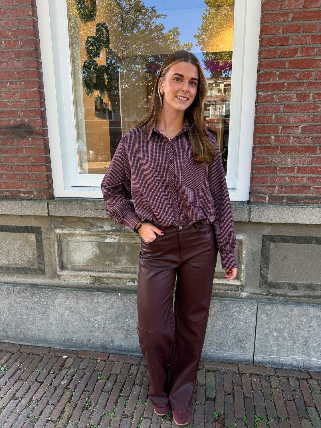 Cher geruite blouse bordeaux blue & white