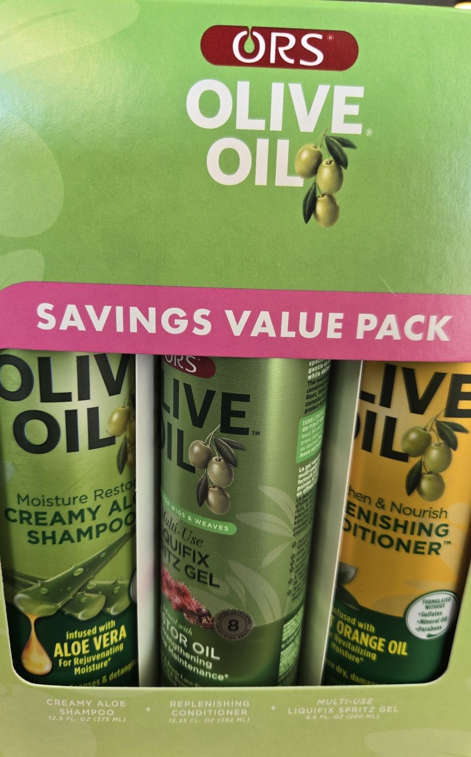 Ors olive oil value shampoo/cond/liquifix