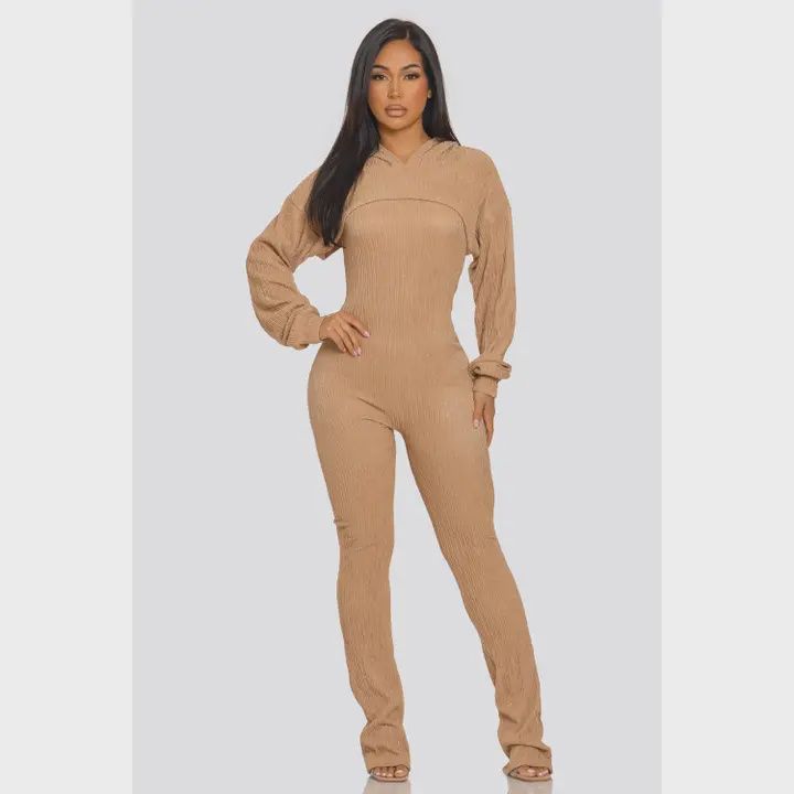 Rhinestone Jumpsuit and Cropped Hoodie Set beige