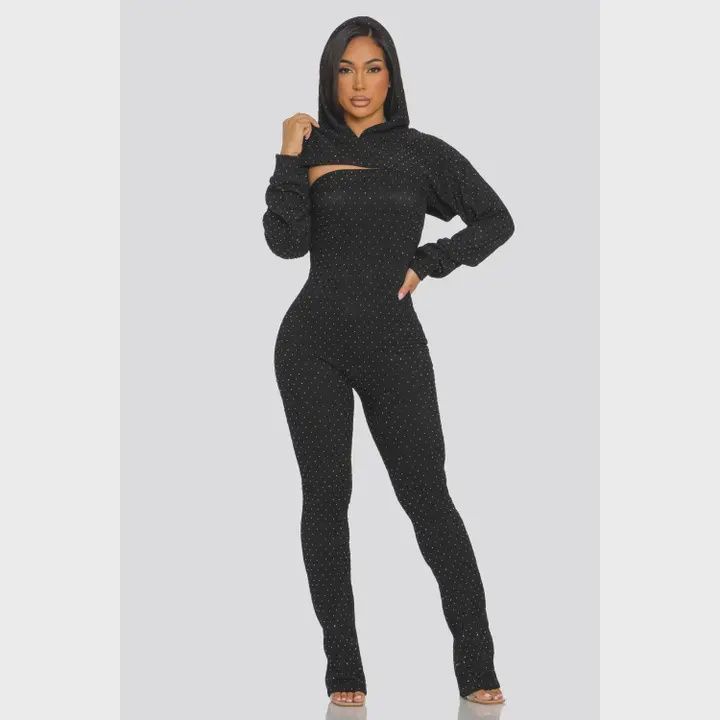 Rhinestone Jumpsuit and Cropped Hoodie Set blk