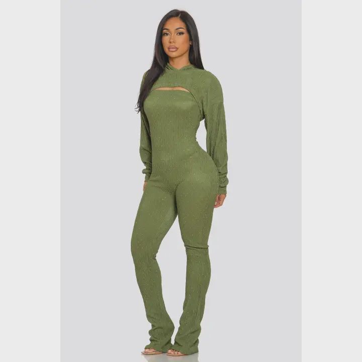 Rhinestone Jumpsuit and Cropped Hoodie Set olive