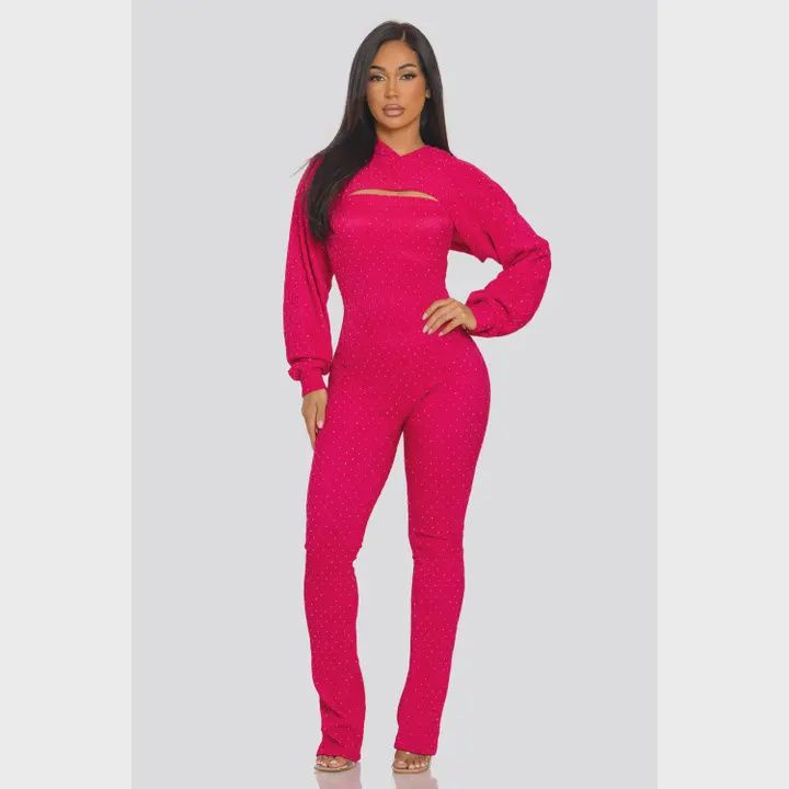 Rhinestone Jumpsuit and Cropped Hoodie Set pink