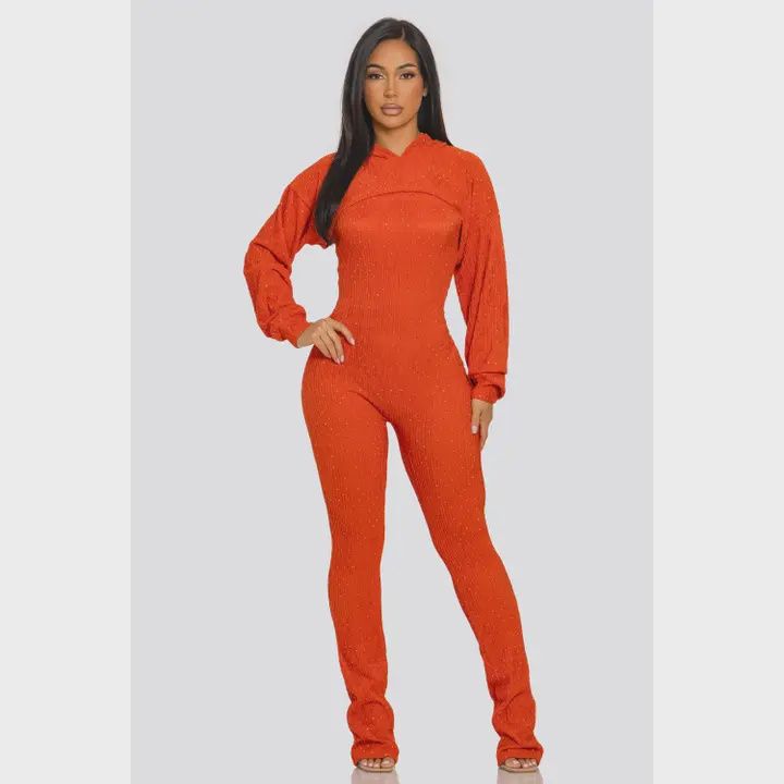 Rhinestone Jumpsuit Hoodie Set rust