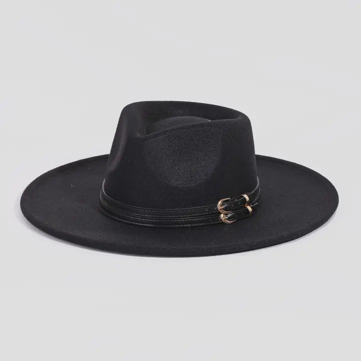 Double Belt Strap Fedora Fashion Hat blk