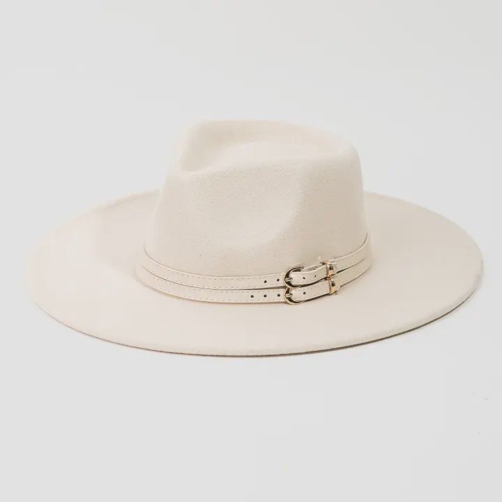 Double Belt Strap Fedora Fashion Hat WHT