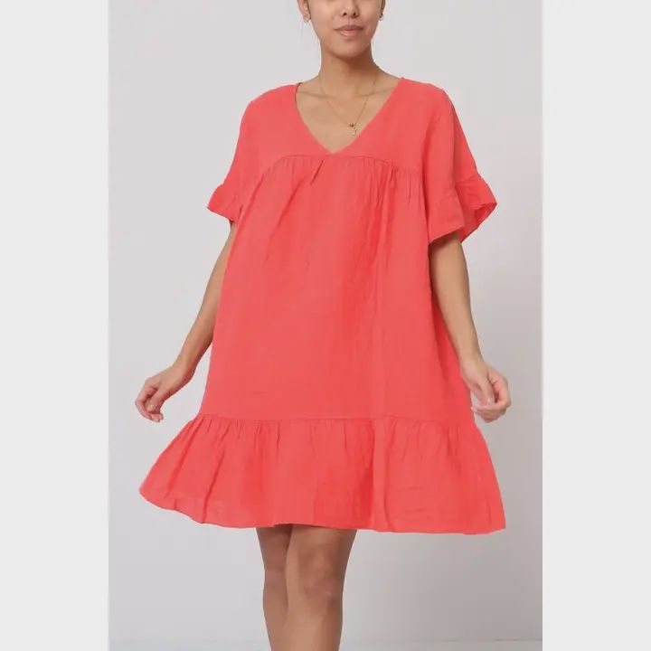 Fun Short Linen Dress SS  O/S, Colour: CORAL