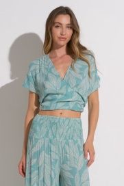 Teal Dot Leaf Print Top, Size: S