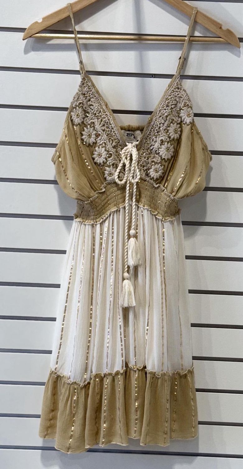 Boho Ivory &amp; Tan Dress (4 STYLES) O/S, ITEM: Spagh Strap
