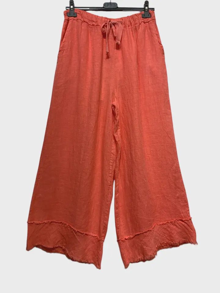 Linen Pant with Frayed Hem  O/S, Colour: CORAL