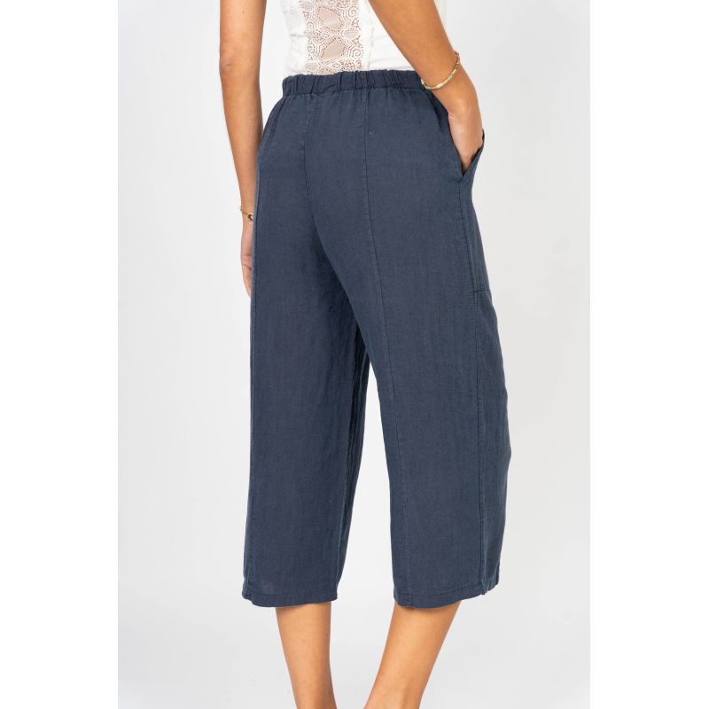 Linen Crop Pant w Front Slit, Colour: NAVY, Size: S/M