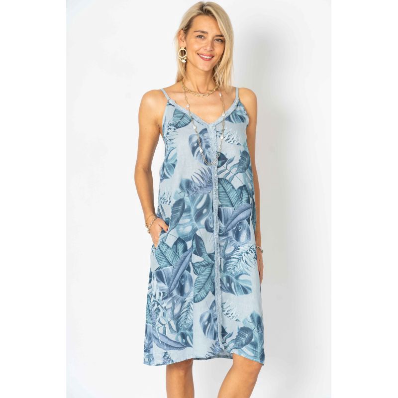 Leaf Print Dress, Colour: BLUE, Size: S/M